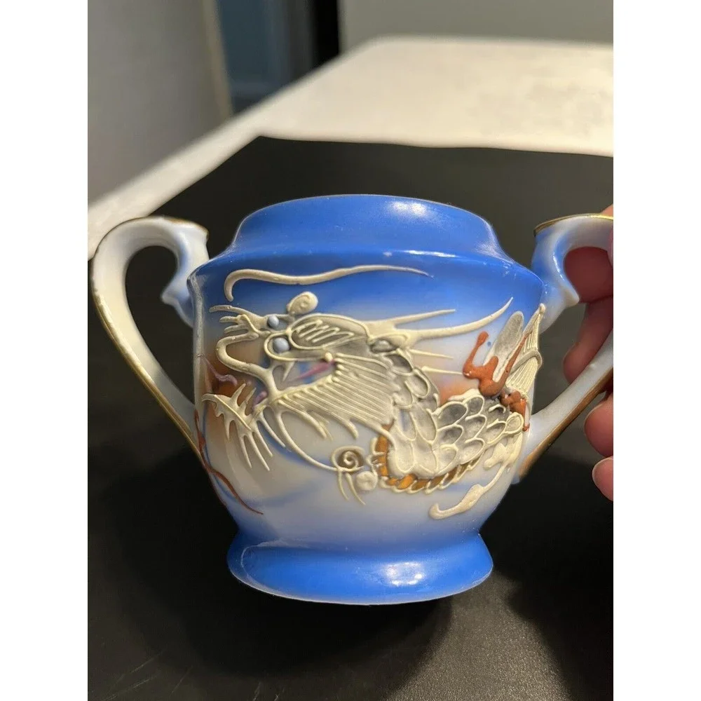 Vintage Dragonware Moriage Blue White Coffee Tea Pot Sugar Creamer Set